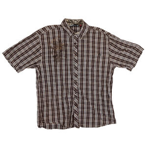 Ocean Current Men L Short Sleeve Button-Up Shirt Brown Plaid Embroidered Graphic